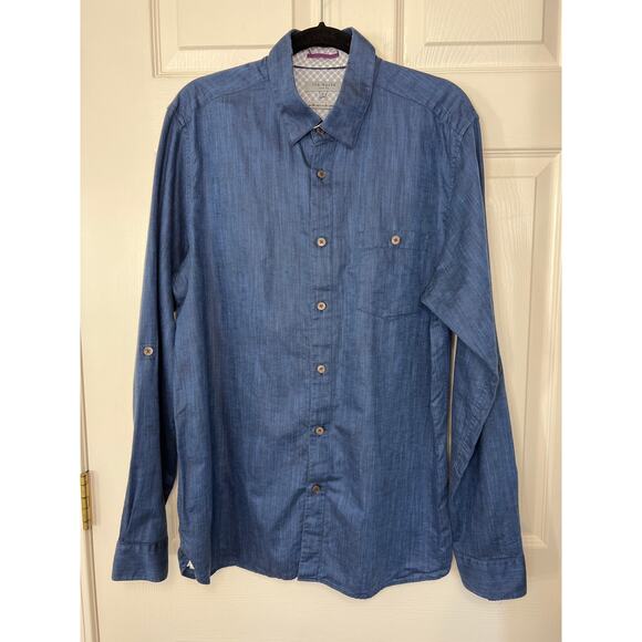 Ted Baker Linen Blend Long Sleeve Blue Shirt Men's 5 US XL - Picture 1 of 6